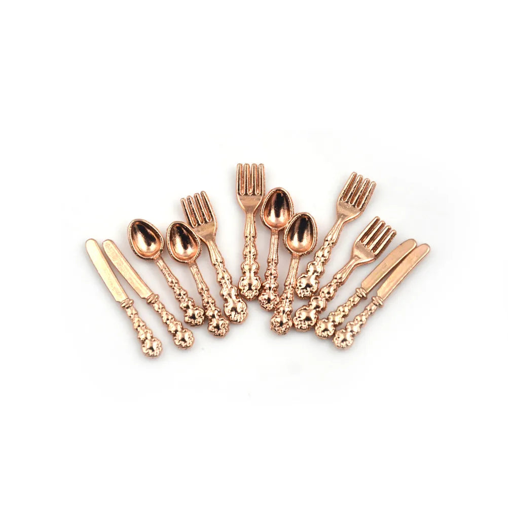 12Pcs 1:12 Mini Vintage Dollhouse Miniatures Tableware Cutlery Metal Knife Fork Spoon Kitchen Food Furniture Toys Gold Silver