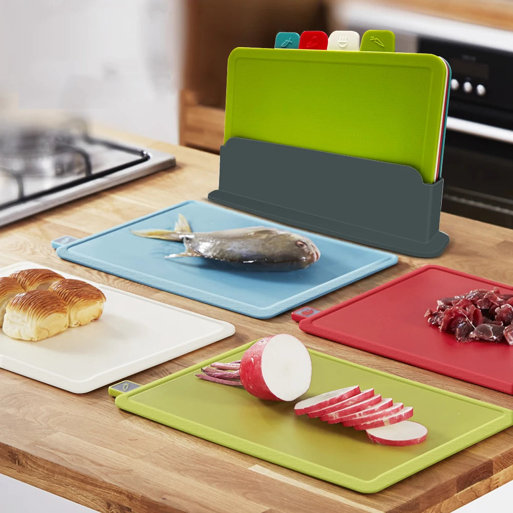 Cutting Boards with Holder 4pcs Sets for Kitchen Anti Bacterium Plastic Chopping Block Plastic Dishwasher Safe Chrismas