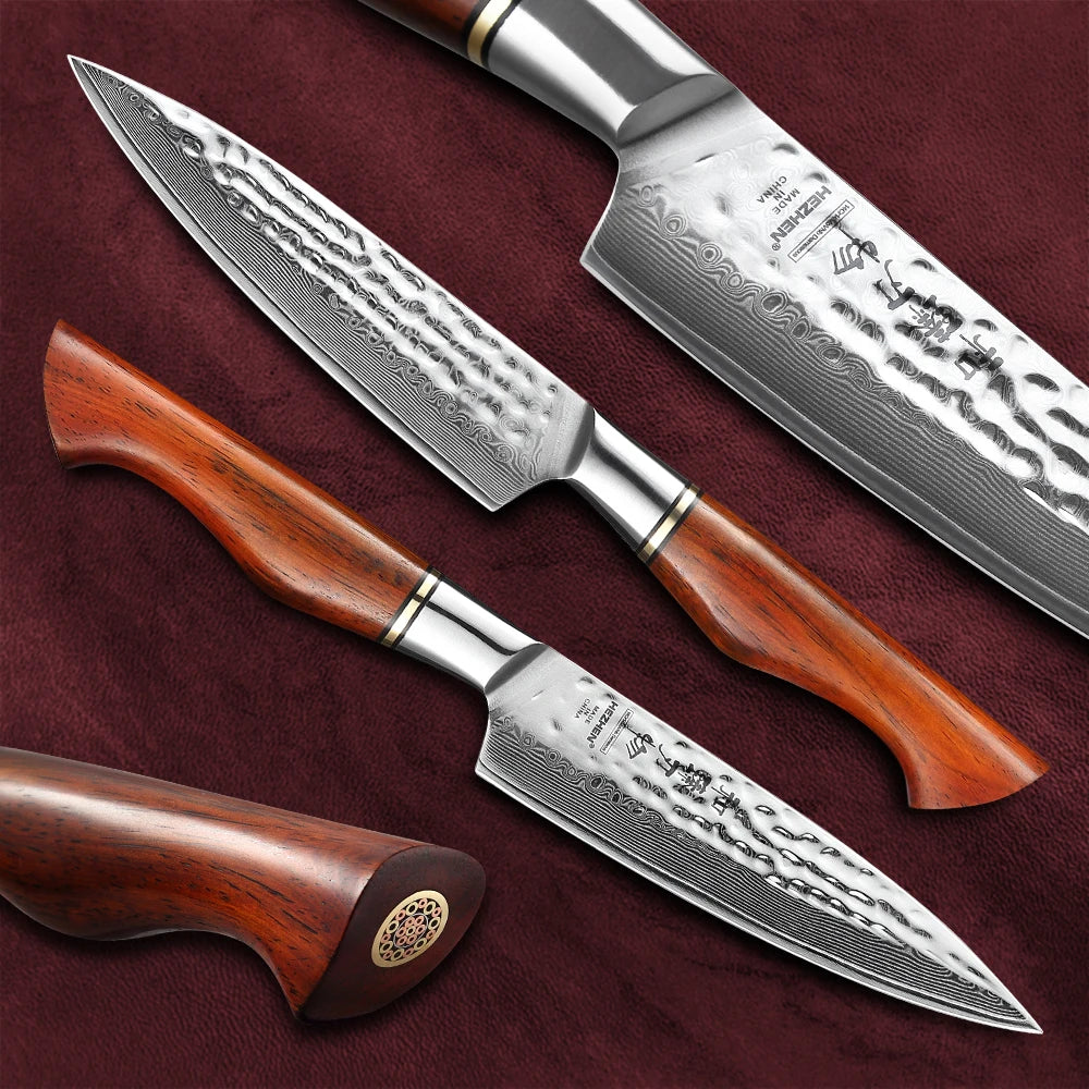 HEZHEN 5 Inches Utility Knife 73 Layers Powder Damascus Steel High Quality Natural Rosewood Handle & Mosaic Brass Rivet Food