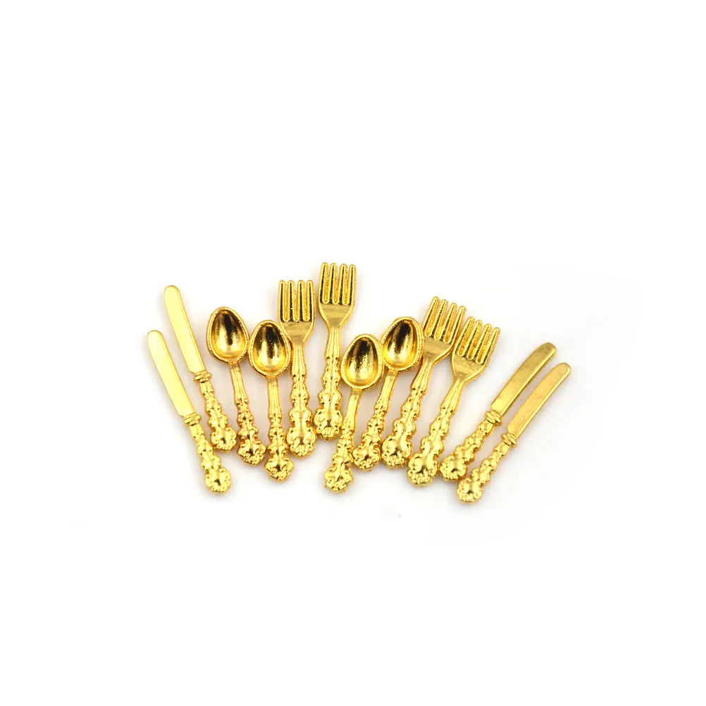 12Pcs 1:12 Mini Vintage Dollhouse Miniatures Tableware Cutlery Metal Knife Fork Spoon Kitchen Food Furniture Toys Gold Silver