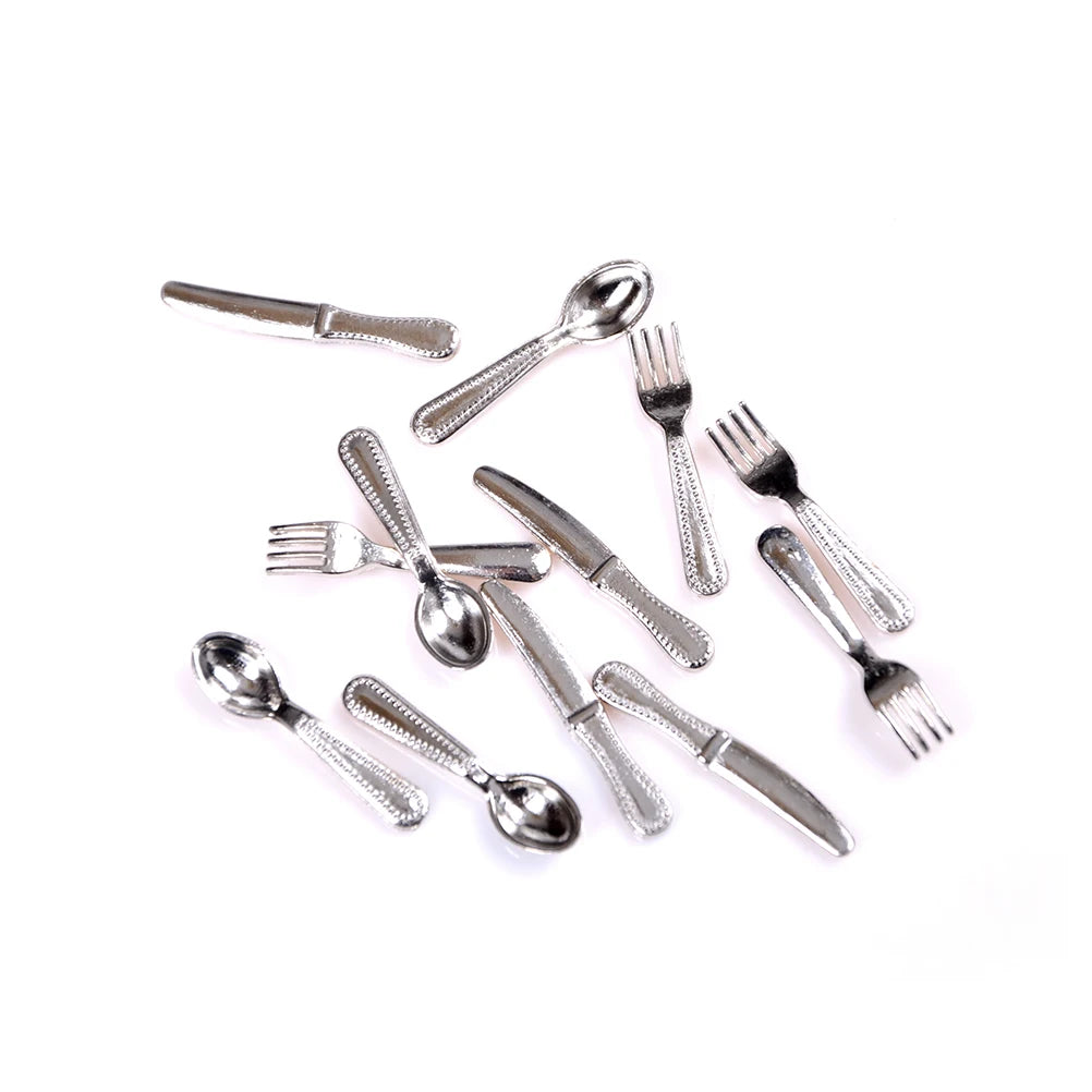 12Pcs 1:12 Mini Vintage Dollhouse Miniatures Tableware Cutlery Metal Knife Fork Spoon Kitchen Food Furniture Toys Gold Silver