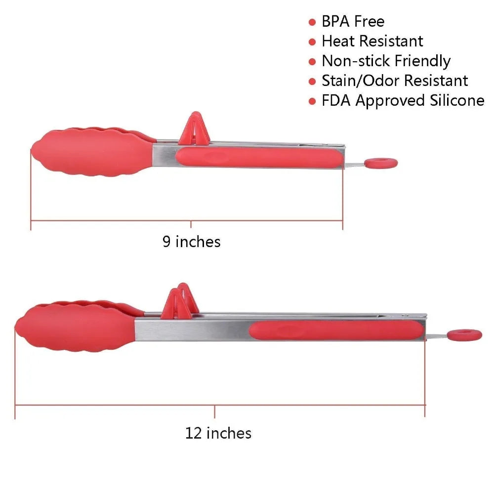 LMETJMA Kitchen Cooking Tongs Heat Resistant Stainless Steel BBQ Tong with Silicone Tips and Stand Design For Salad Grill KC0254