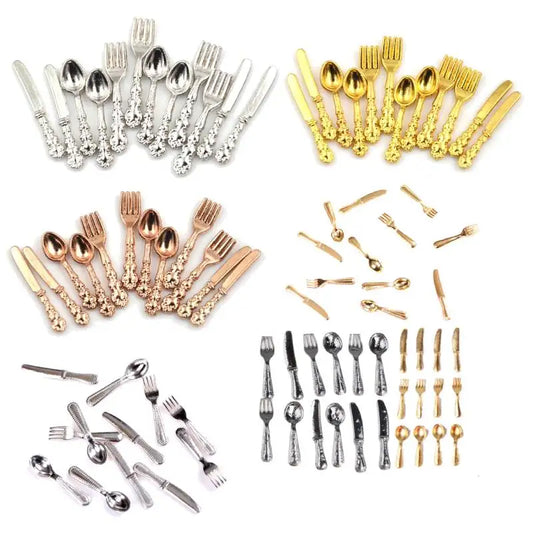 12Pcs 1:12 Mini Vintage Dollhouse Miniatures Tableware Cutlery Metal Knife Fork Spoon Kitchen Food Furniture Toys Gold Silver