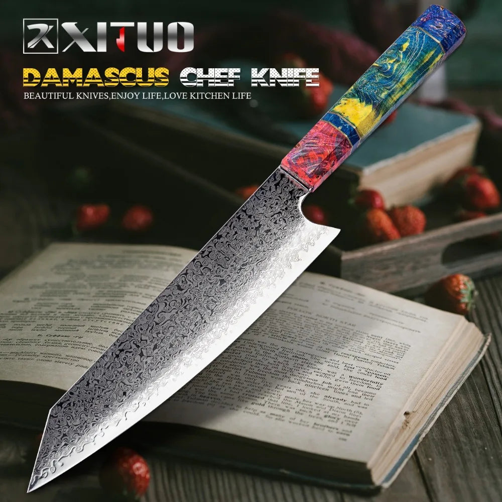 XITUO Damascus Kitchen Knife Set Chef Nakiri Knife 67 Layers Japanese Damascus Steel Chef Knife Razor Sharp Blade Colorful Wood