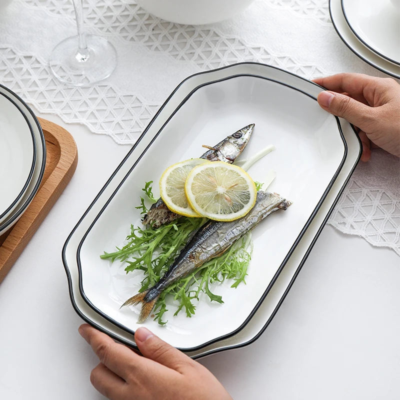 Black Rim White Ceramic Dinner Tray, Kitchen Plate, Tableware, Food Dishes, Soup Bowl,  Kitchen Cook Tool, 1 Piece Sale