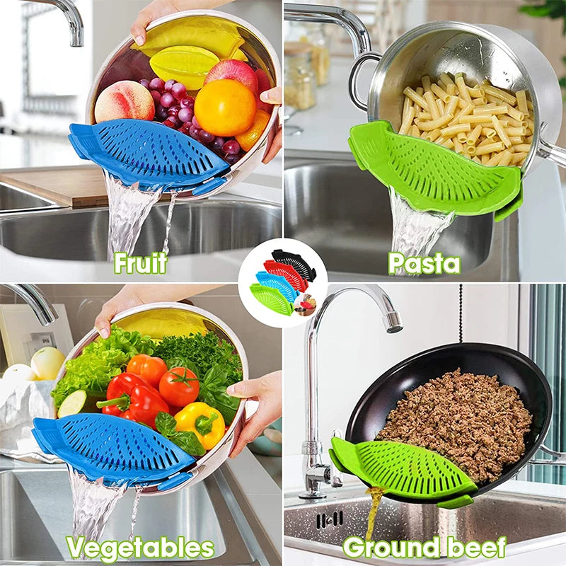 Clip-on Strainer Kitchen Food Strainers Heat Resistant Silicone Veggies Pasta Ground Meat Strainer for Pots Pans Kitchen Gadgets