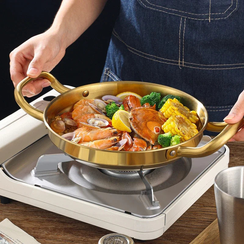 Golden Korean Army Hotpot Thickened commercial double ear Frying pan Dry pot basin Stainless steel Spanish seafood rice pot