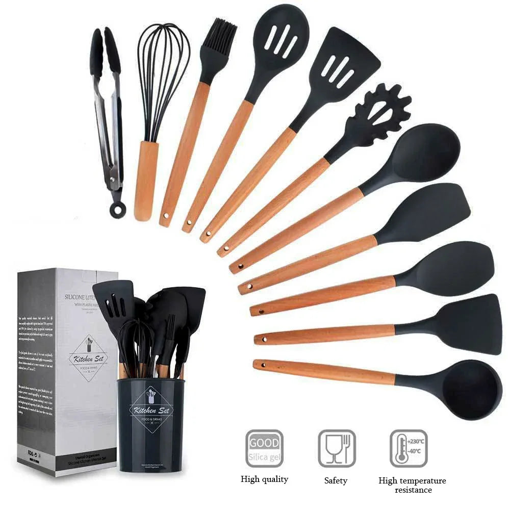 12PCS Silicone Kitchenware Non-Stick Cookware Kitchen Utensils Set Spatula Shovel Egg Beaters Wooden Handle Cooking Tool Set