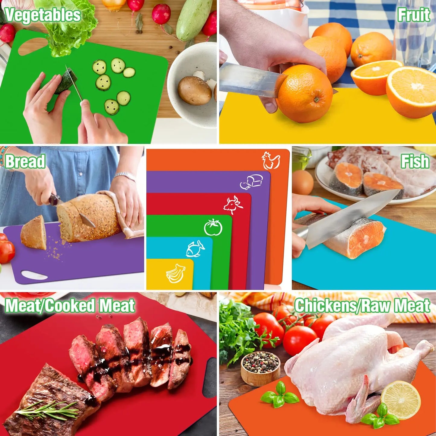 Leeseph Flexible Plastic Cutting Board Mats, 6pcs Colorful Non-slip Chopping Boards for Kitchen Tool with Food Icons