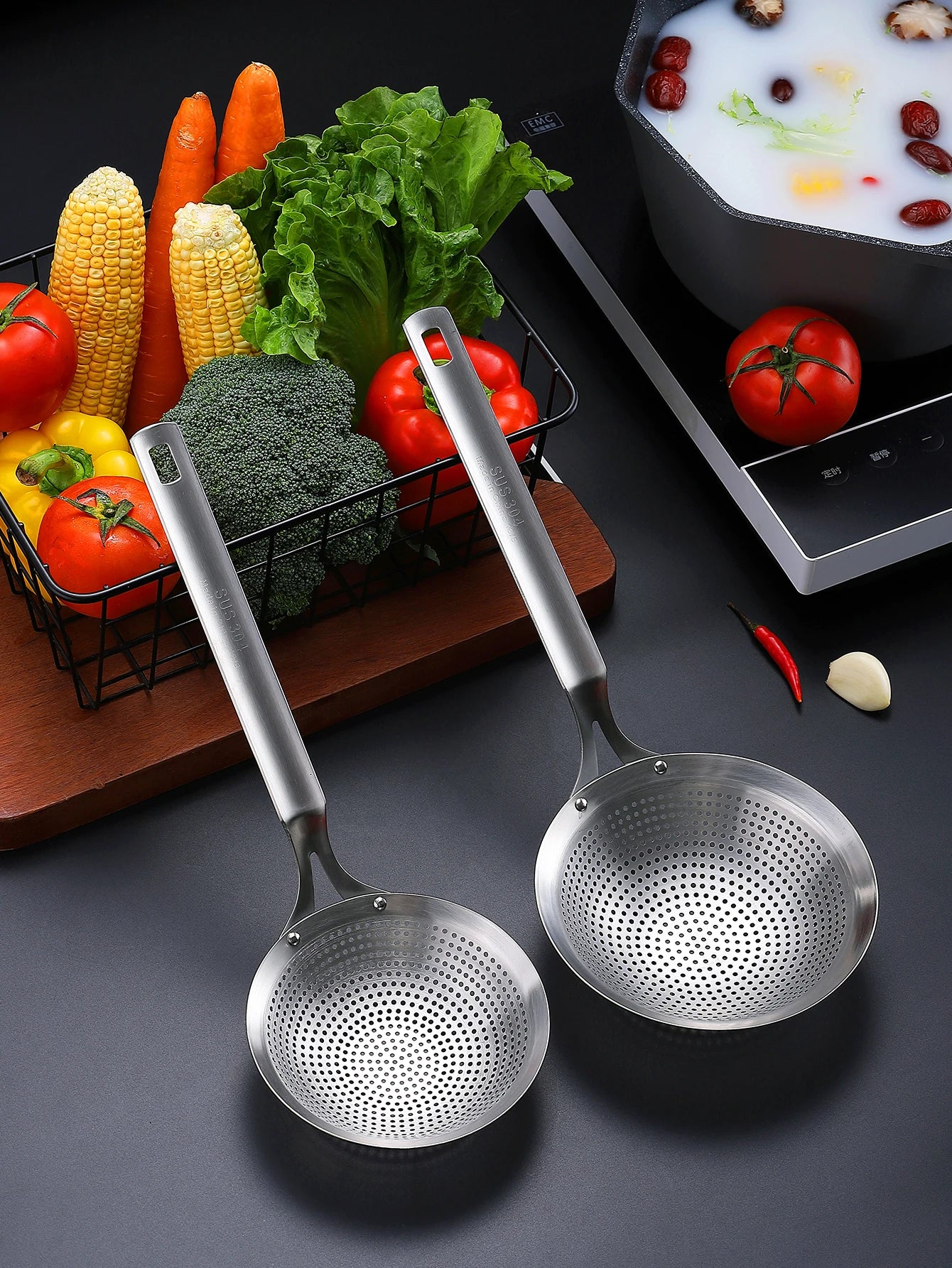 WORTHBUY 18/8 Stainless Steel Strainer Oil Skimmer Noodles Dumpling Sieve Frying Scoop Kitchen Cooking Tools