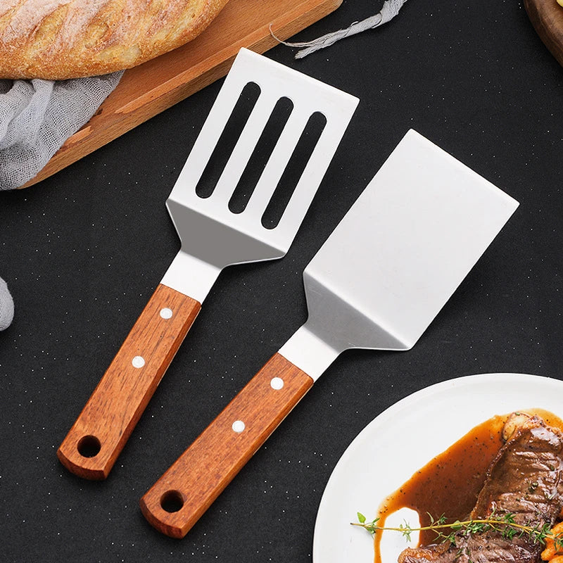 Stainless Steel Wooden Handle Cooking Spatula Steak Pancake Frying Shovel Teppanyaki Scraper Barbecue Tool Kitchen Accessories