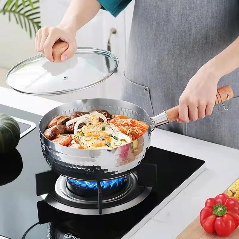 Stainless steel  pan Japanese Snow Pan Wooden Handle Lid Stew Pots Fry Wok Saucepan Milk Pot Kitchen Utensils Practical Cookware