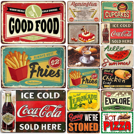 Tacos Pizza Cake Cola Foods Drinking Metal Tin Signs Posters Plate Wall Decor for Restaurant Bars Cafe Clubs Retro Poster Plaque