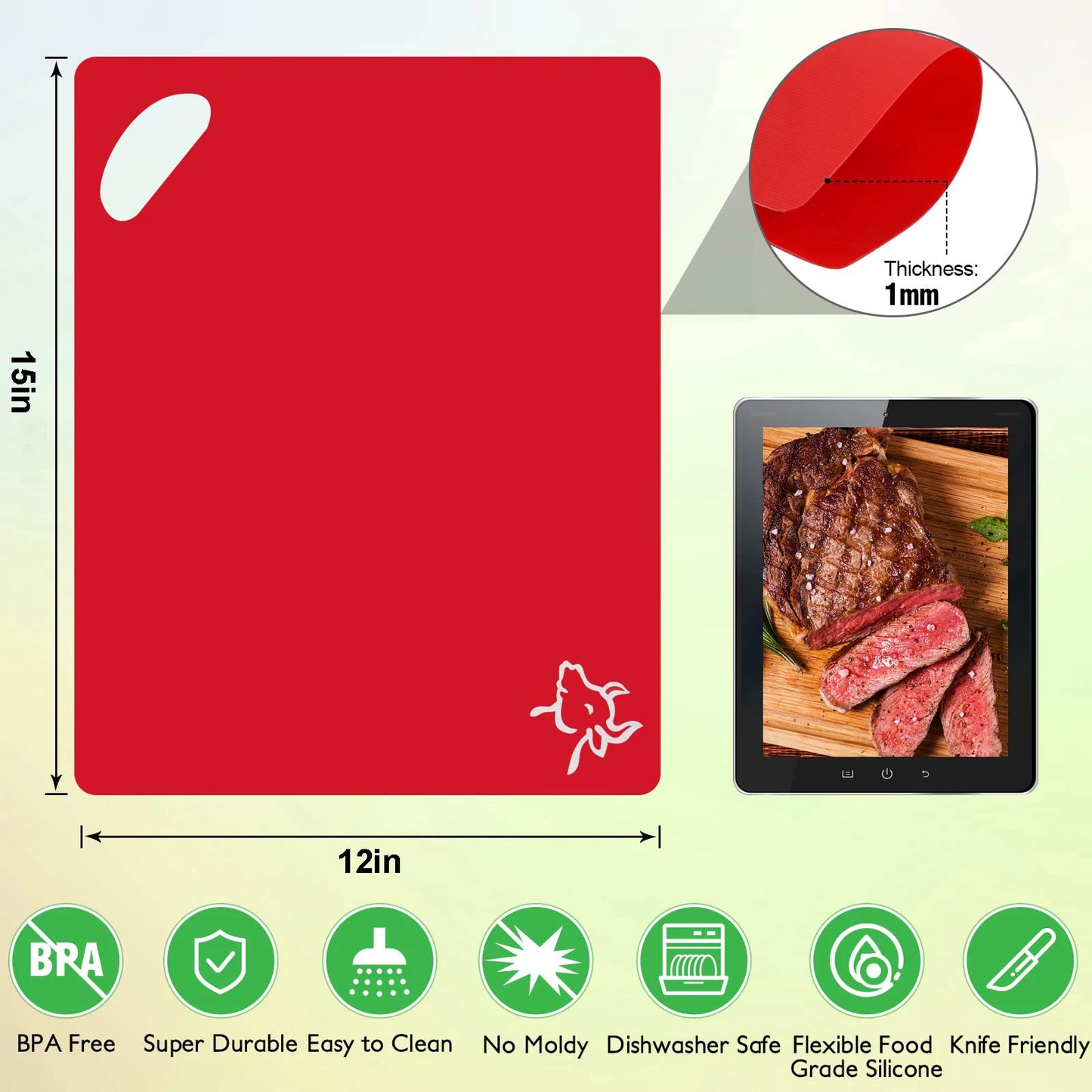 Leeseph Flexible Plastic Cutting Board Mats, 6pcs Colorful Non-slip Chopping Boards for Kitchen Tool with Food Icons