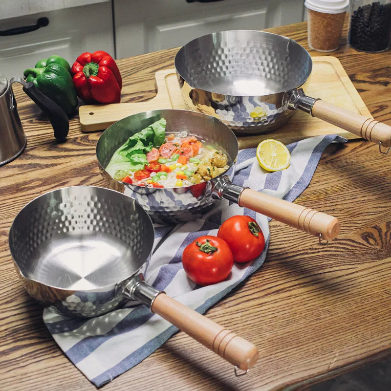 Stainless steel  pan Japanese Snow Pan Wooden Handle Lid Stew Pots Fry Wok Saucepan Milk Pot Kitchen Utensils Practical Cookware