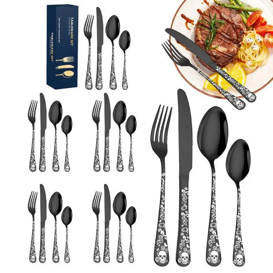 Metal Utensils Set Stainless Steel Skull Pattern Eating Utensils 24pcs Dishwasher Safe Dinnerware Portable Kitchen Forks And