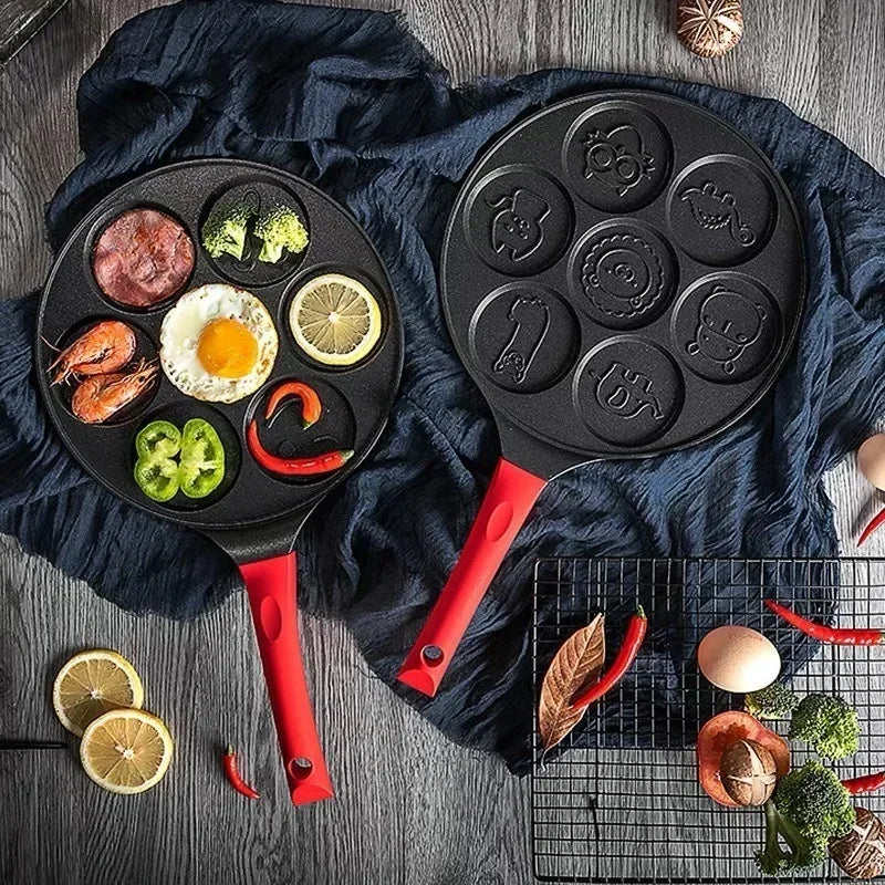 Seven-hole Breakfast Frying Pan Animal Face Design Multi-function Wheel Pancake Pan Small Egg Dumpling Non-stick Frying Mould