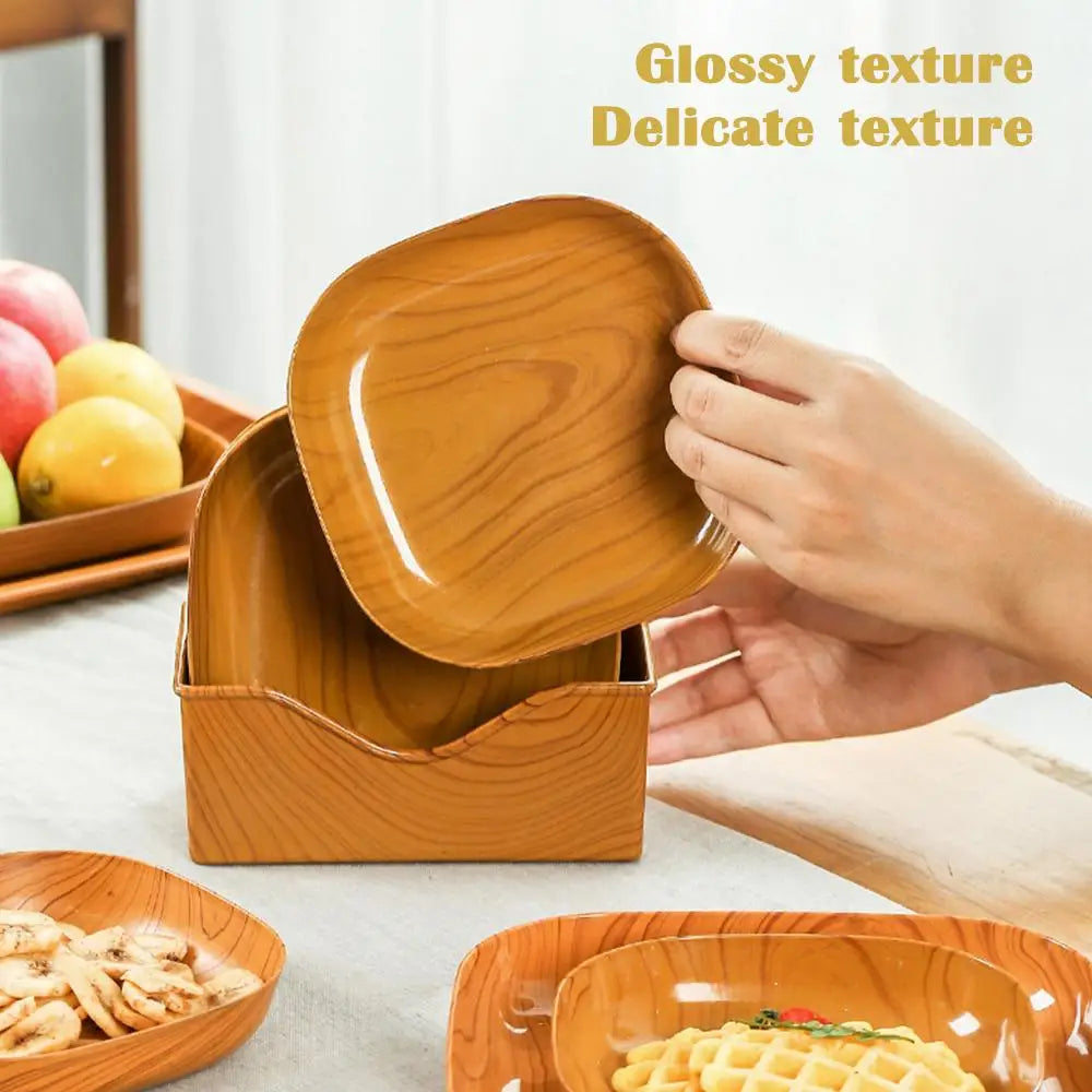 1pc Kitchen Wood Grain Plastic Square Plate Japanese Simple Wood Grain Dish Set For Tableware Kitchen Bowl Dish Dinnerware