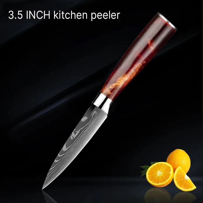 3.5in Damascus Fruit Knife Household Sharp Auxiliary Food Knife Fruit Peeling Knives Resin Handle Kitchen Fruit Small Knife