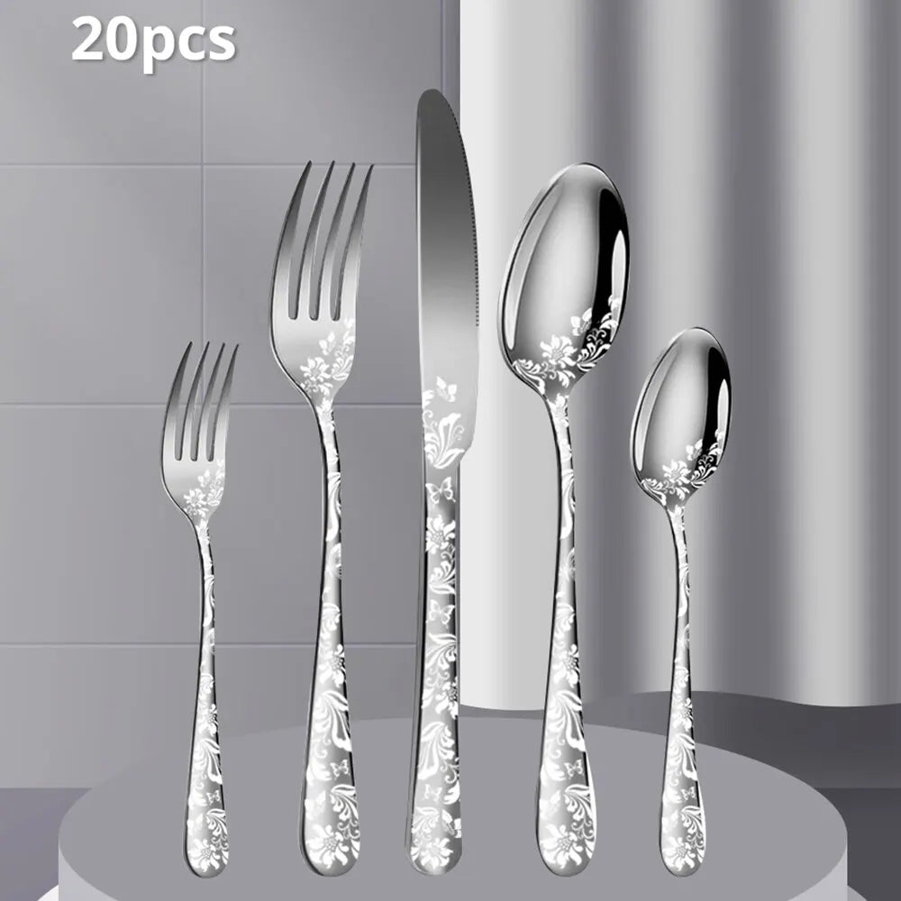 20PCS Patterned Stainless Steel Tableware Knife Fork Spoon Set Hotel Western Style Steak Knife Fork Spoon Set