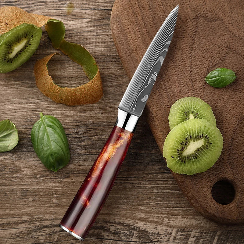 3.5in Damascus Fruit Knife Household Sharp Auxiliary Food Knife Fruit Peeling Knives Resin Handle Kitchen Fruit Small Knife