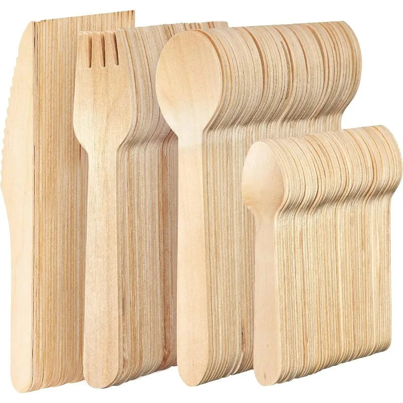 100% 16cm Natural Disposable Wooden Cutlery Set Forks  knife Spoons Dessert Recyclable Compostable Silverware Biodegradable