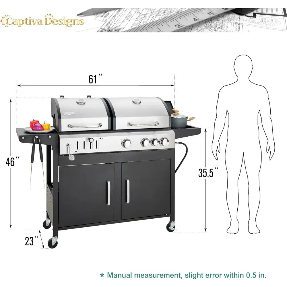 Propane Gas Grill and Charcoal Grill Combo With Side Burner & Porcelain-Enameled Cast Iron Grate Boning Knife Cookware Bbq Tools