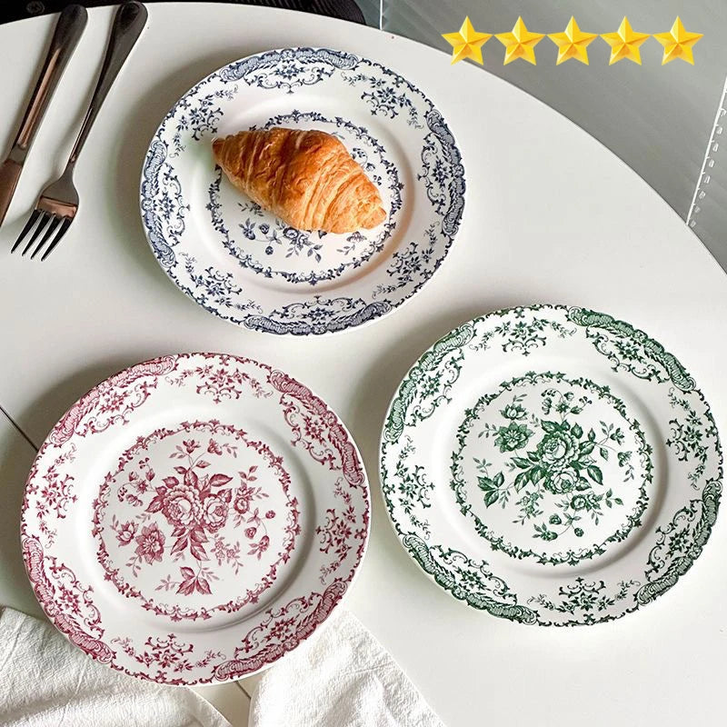 French Rose Ceramic Dinner Plate Household Plate Classical Printing Glaze Pasta Salad Snacks Western Food Plate