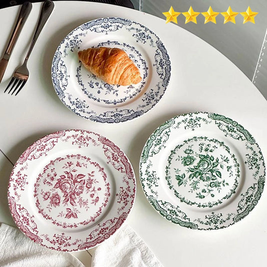 French Rose Ceramic Dinner Plate Household Plate Classical Printing Glaze Pasta Salad Snacks Western Food Plate