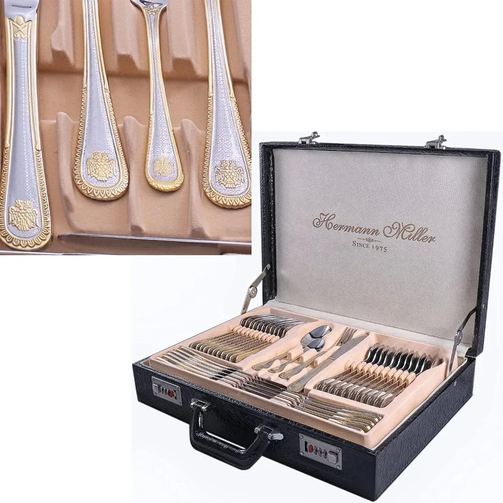 Complete Tableware 72 Piece Fine Flatware Silverware Set With Gift Carrying Case Spoons Utensils for Kitchen Cutlery Fork Gold