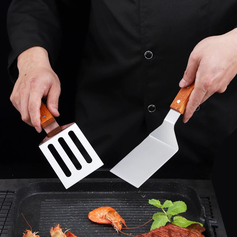 Stainless Steel Wooden Handle Cooking Spatula Steak Pancake Frying Shovel Teppanyaki Scraper Barbecue Tool Kitchen Accessories