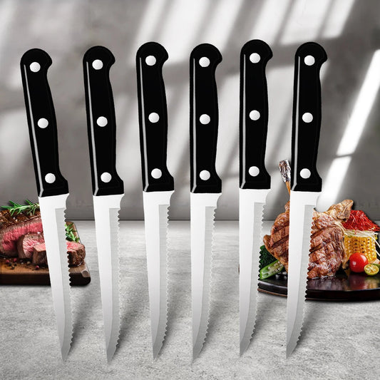 Steak Knives Set Sharp Serrated Dinner Knives Full Tang Handle Stainless Steel Food Safe Bread Meat Slicing Cutter for Outdoor