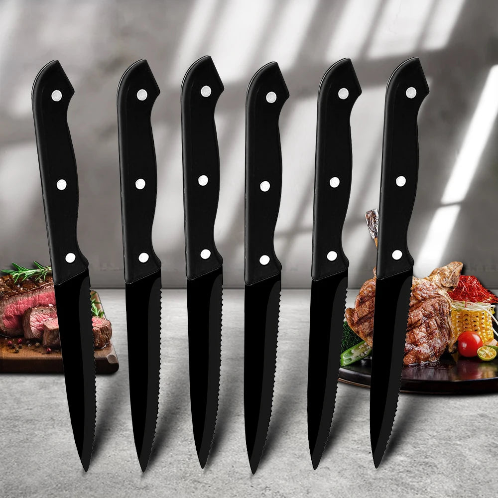 Steak Knives Set Sharp Serrated Dinner Knives Full Tang Handle Stainless Steel Food Safe Bread Meat Slicing Cutter for Outdoor