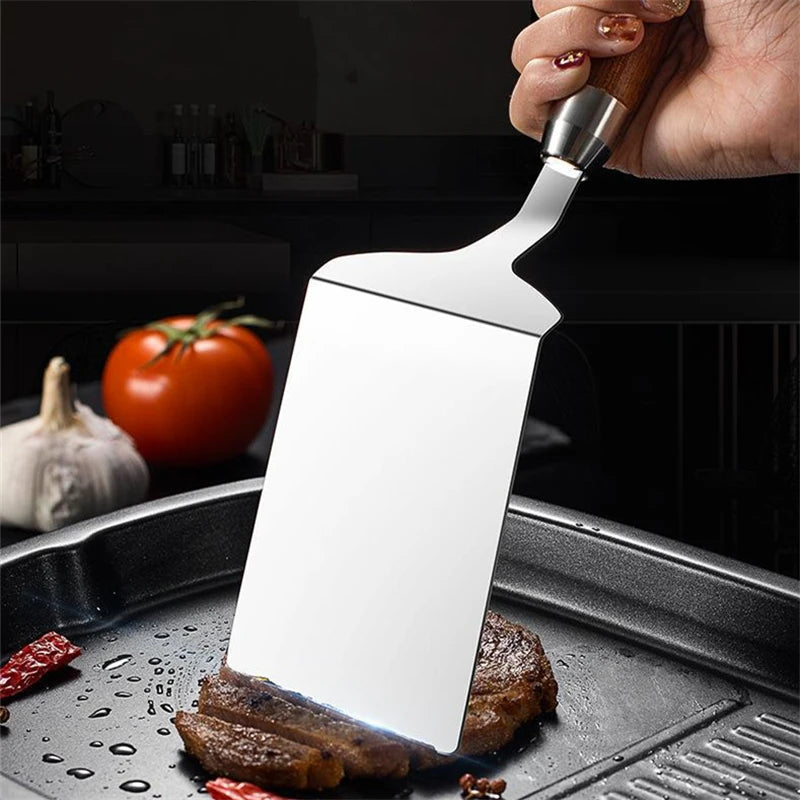 Stainless Steel Square Head Steak Cooking Spatula Pizza Shovel Pancake Beef Turner Scraper Wood Handle BBQ Utensils for Kitchen