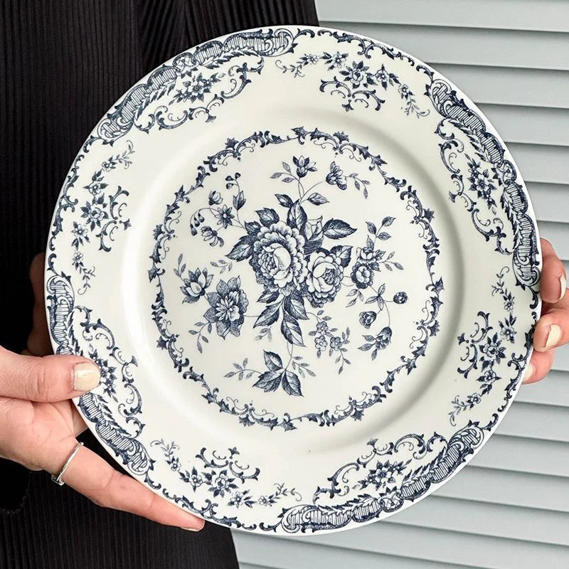 French Rose Ceramic Dinner Plate Household Plate Classical Printing Glaze Pasta Salad Snacks Western Food Plate