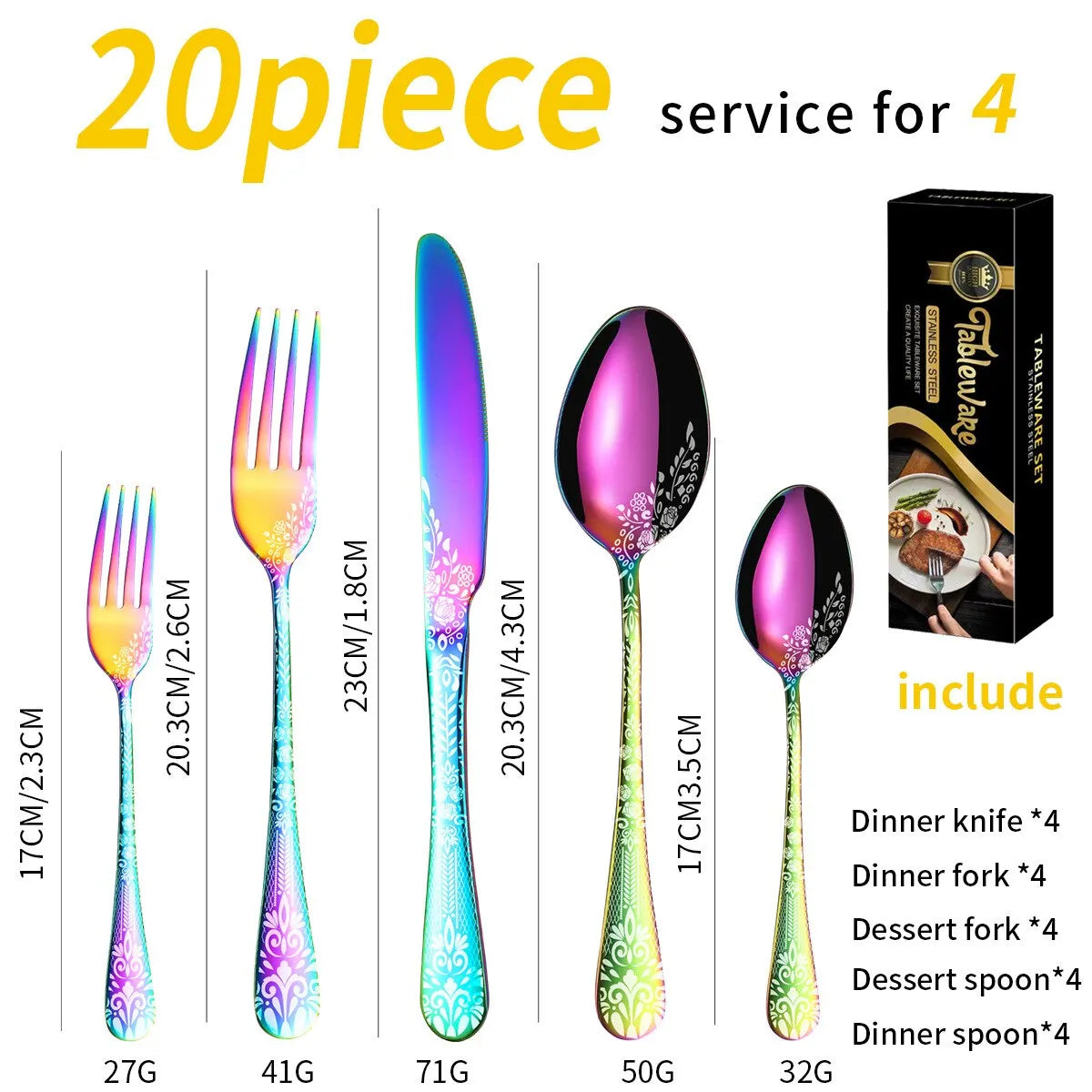 20PCS Patterned Stainless Steel Tableware Knife Fork Spoon Set Hotel Western Style Steak Knife Fork Spoon Set