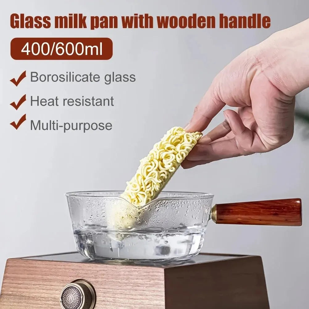 400/600ml Glass Wood Handle Practical Cute Milk Pot Soup Pan Glass Cooking Small Saucepan Wooden Handle Pot Stable Single Handle