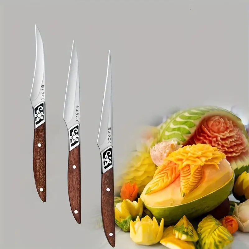 3pcs Set Food Carving Knife Chef Carved Fruit Decorative Knife Professional Food Carving Sharp Solid Wood Handle Utility Tool