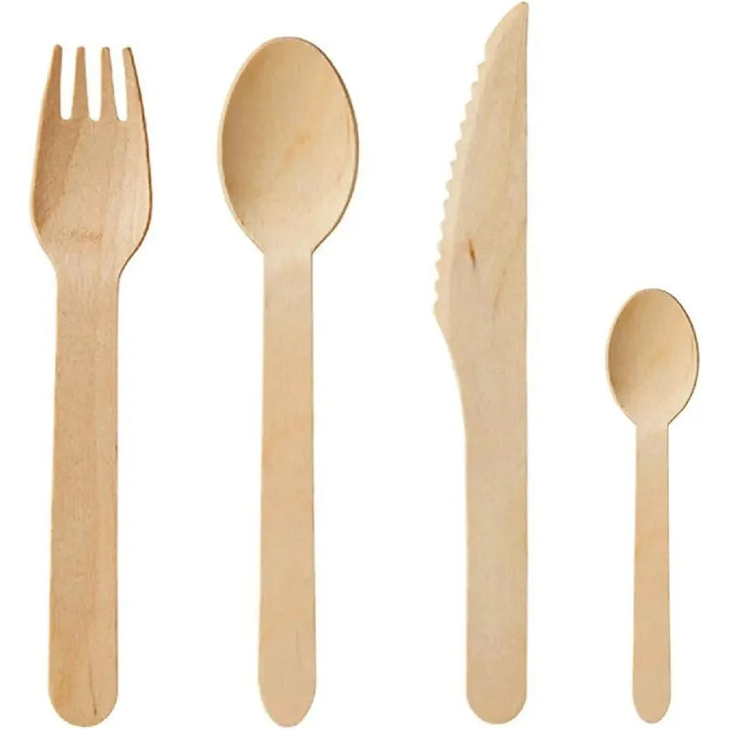 100% 16cm Natural Disposable Wooden Cutlery Set Forks  knife Spoons Dessert Recyclable Compostable Silverware Biodegradable