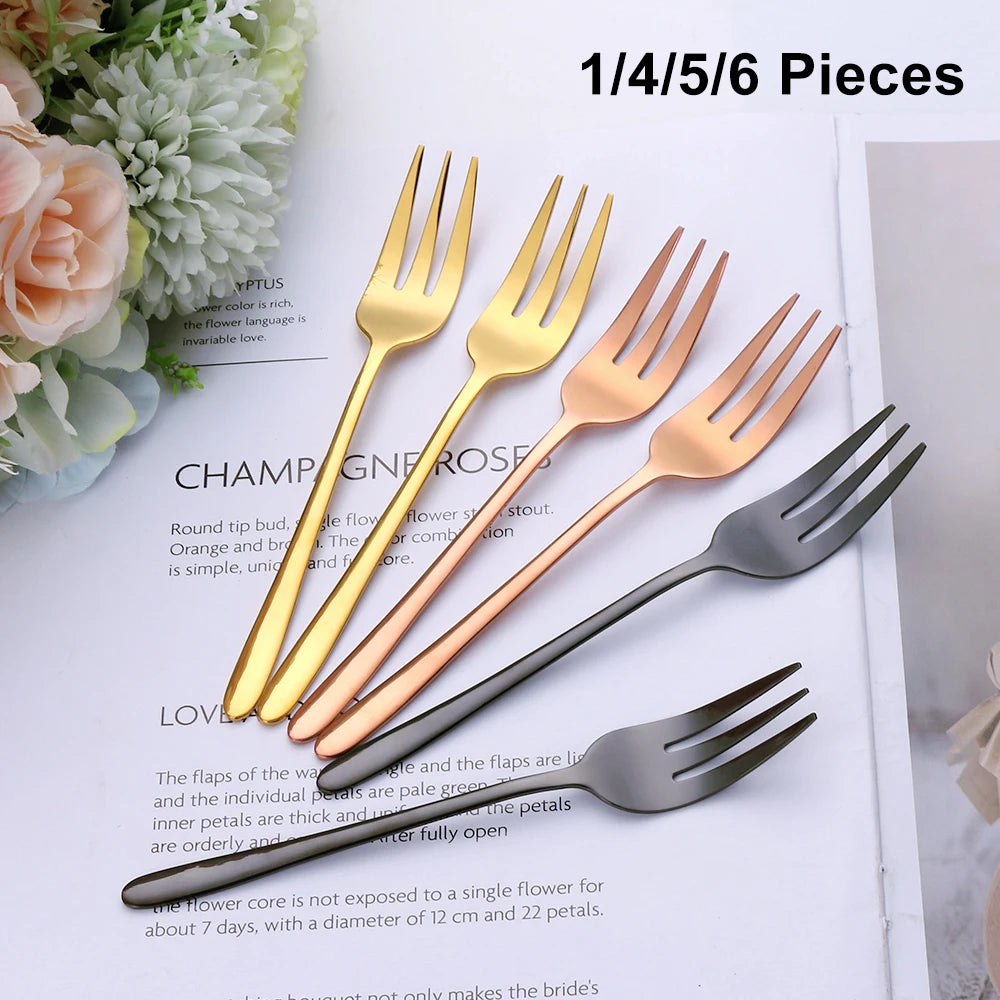 1/4/5/6Pcs Tea Forks Fruit Fork Stainless Steel Tableware Set Gold Cake Snack Salad Fork Dinnerware Cutlery Kitchen Utensils