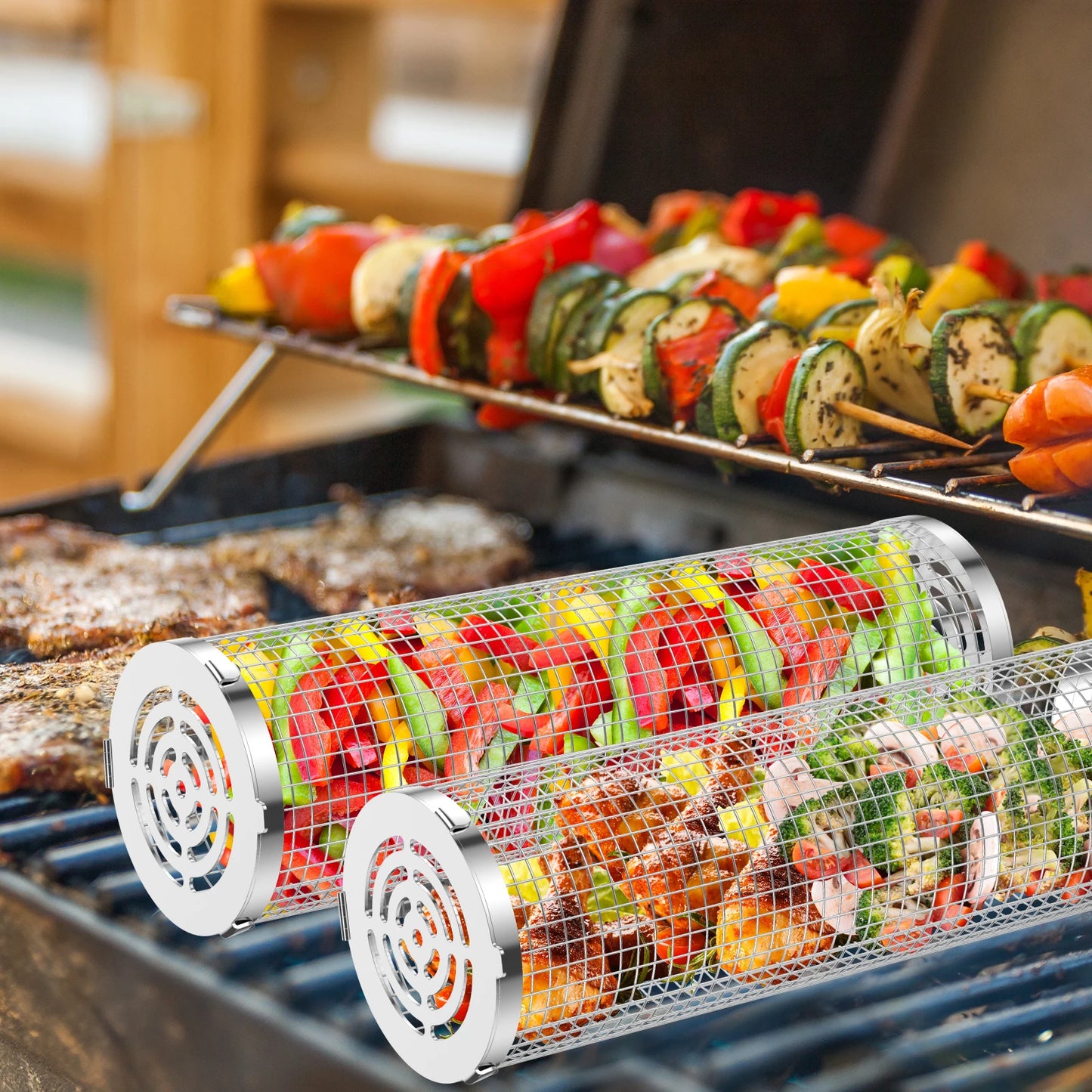 BBQ Grill Basket Barbecue Grill Grate Camping Cookware Stainless Steel Mesh Cylinder Washable for Grilling Vegetables Meat