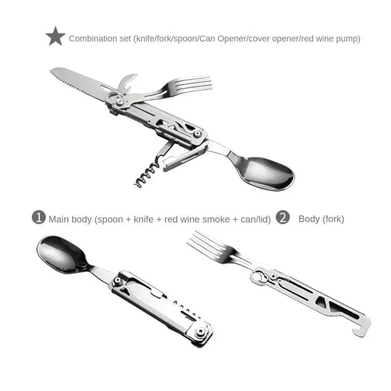 Outdoor Portable Folding Camping Cutlery Anti-rust Corkscrew Tableware High Strength Stainless Steel Camping Fork Spoon Cutter 2