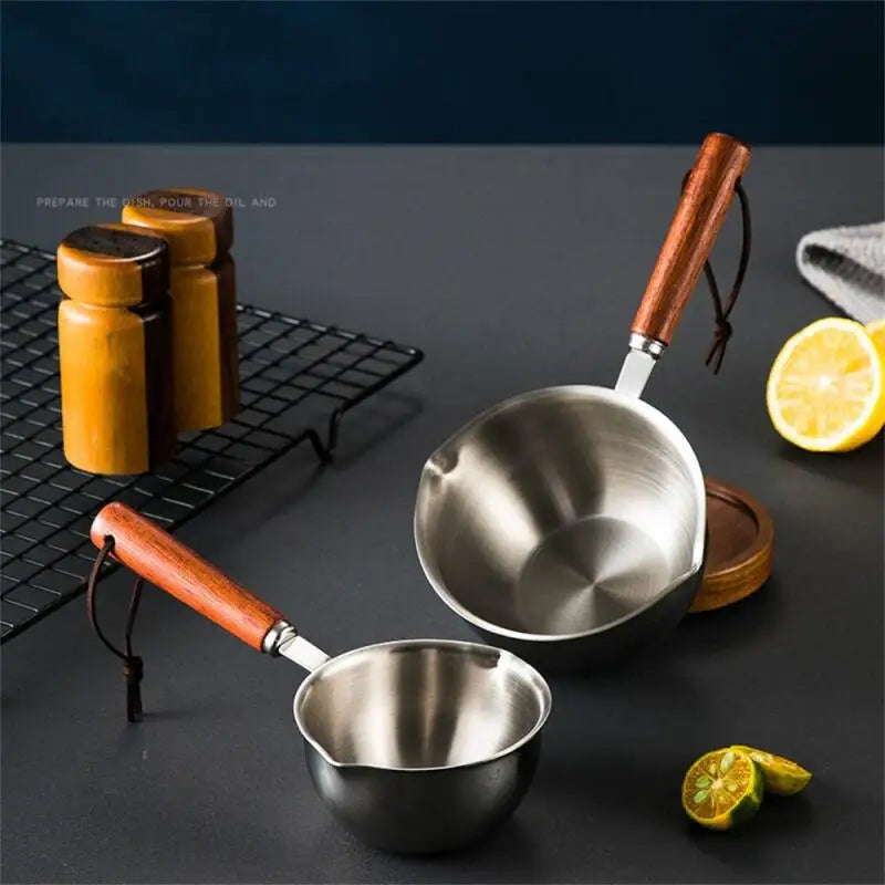 Stainless Steel Mini Soup Pot with Wooden Handle Milk Pan Small Saucepan for Burning Oil Reheating Soup Stovetop Camping