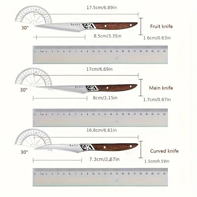 3pcs Set Food Carving Knife Chef Carved Fruit Decorative Knife Professional Food Carving Sharp Solid Wood Handle Utility Tool