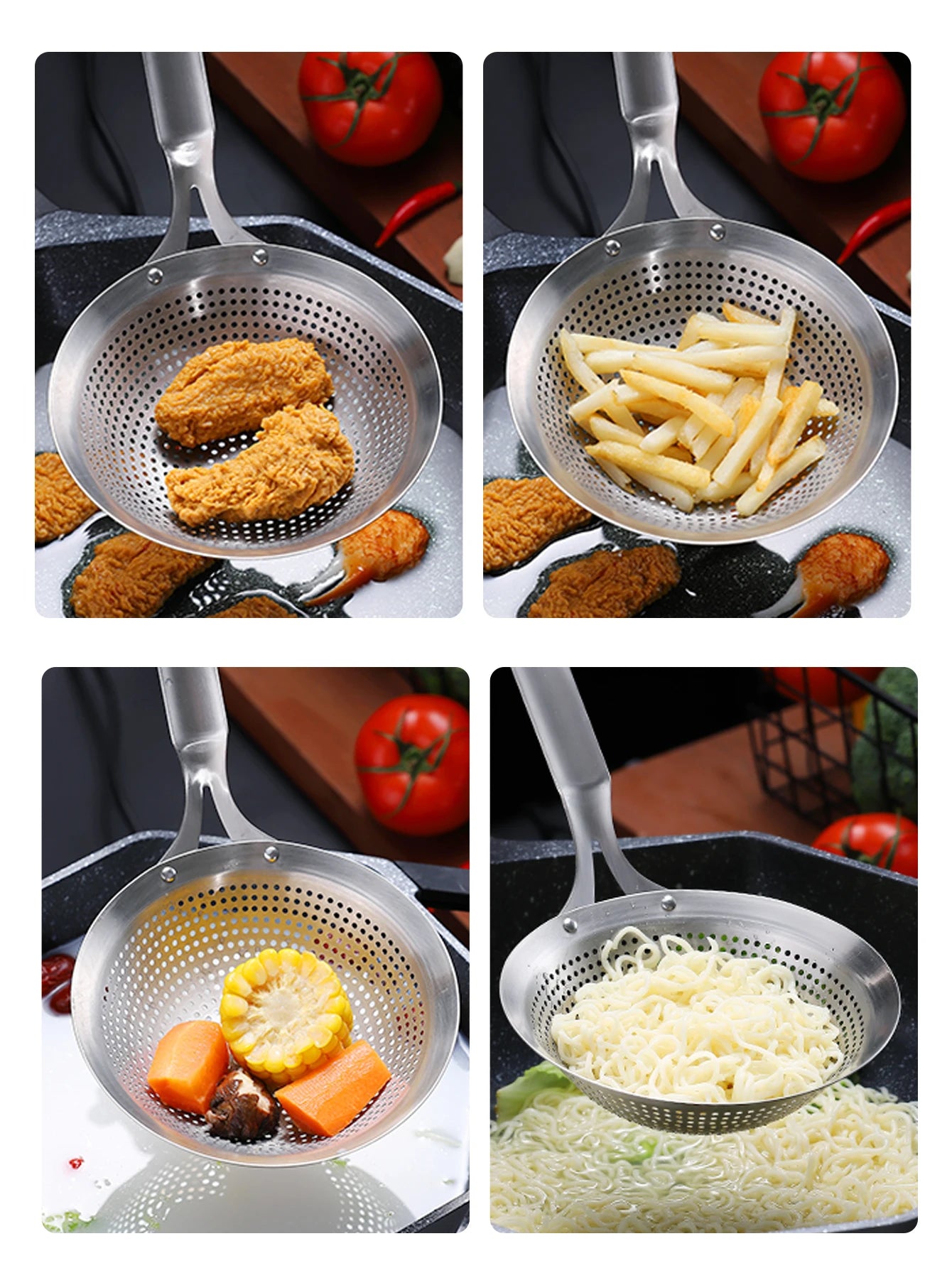 WORTHBUY 18/8 Stainless Steel Strainer Oil Skimmer Noodles Dumpling Sieve Frying Scoop Kitchen Cooking Tools