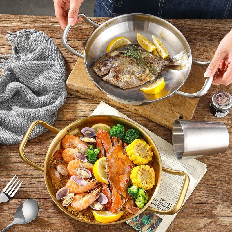 Golden Korean Army Hotpot Thickened commercial double ear Frying pan Dry pot basin Stainless steel Spanish seafood rice pot