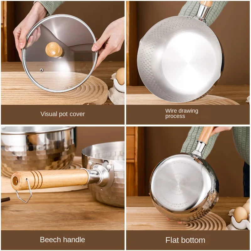 Stainless steel  pan Japanese Snow Pan Wooden Handle Lid Stew Pots Fry Wok Saucepan Milk Pot Kitchen Utensils Practical Cookware