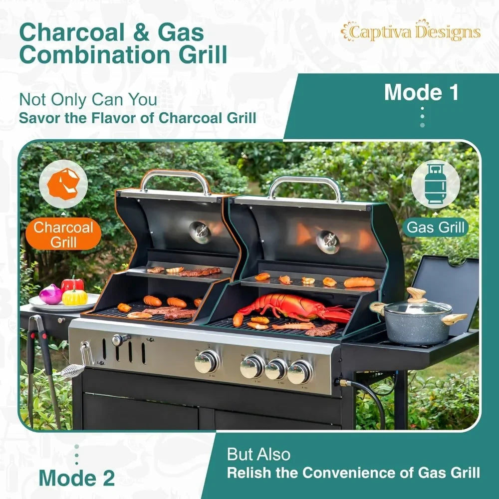 Propane Gas Grill and Charcoal Grill Combo With Side Burner & Porcelain-Enameled Cast Iron Grate Boning Knife Cookware Bbq Tools