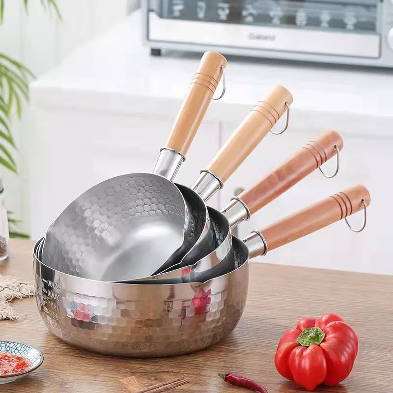 Stainless steel  pan Japanese Snow Pan Wooden Handle Lid Stew Pots Fry Wok Saucepan Milk Pot Kitchen Utensils Practical Cookware