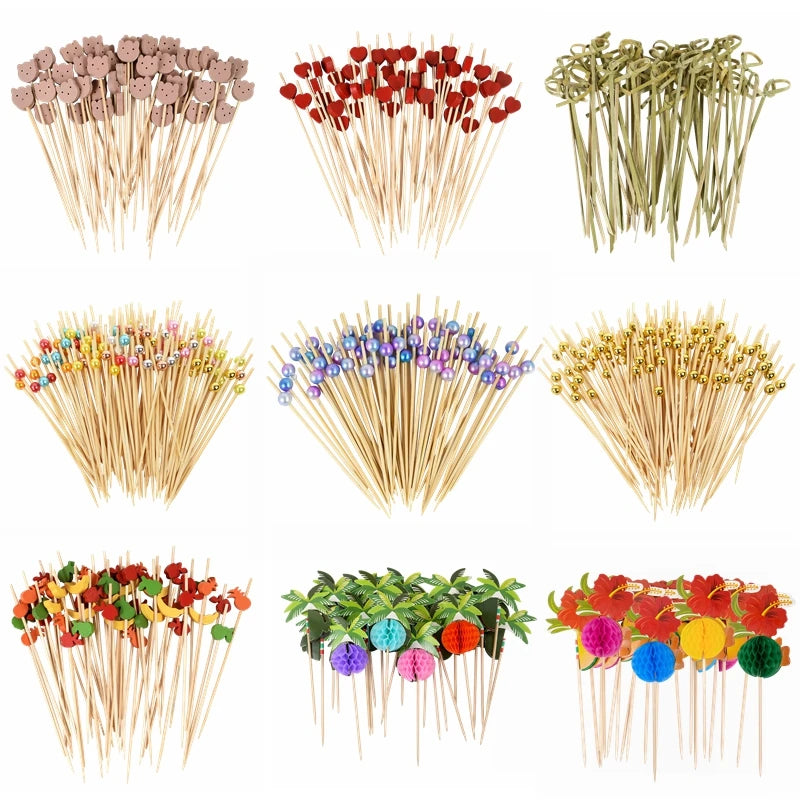 50/100pcs Cute Bear Heart Beads Bamboo Fruit Sticks Fruit Salad Snack Fork Cocktail Skewer Wedding Birthday Party Decor Supplies